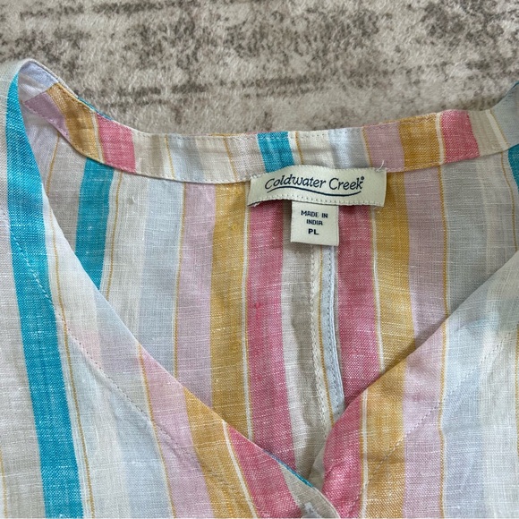 Coldwater Creek Multicolor Striped Button-Up Tie Front Linen Blouse Large Petite - Picture 3 of 11